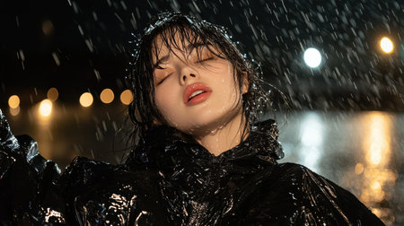 Young woman enjoying rain, wearing black waterproof jacket, natural beauty, blissful expression, water droplets, urban night scene, illuminated backgroundの素材