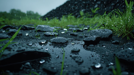 Close-up of Rain Drops on Dark Stones with Grass in Background, Capturing the Beauty of Nature During a Rainy Dayの素材