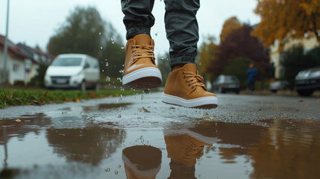 Stylish Casual Footwear Splashing in Rainy Puddle on Urban Street in Autumn Daylight with Reflections and Vibrant Colorsの素材