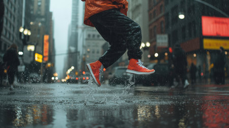 Bright Red Sneakers Splashing through Rainy City Streets with Reflection and Urban Vibes Captured on a Gloomy Overcast Dayの素材
