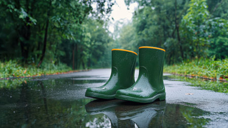 Vibrant Green Rain Boots on a Wet Path Surrounded by Lush Nature and Trees in a Rainy Environment Perfect for Outdoor Adventure Themeの素材