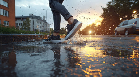 Person Walking in Puddle during Sunset, Reflective Surface, Urban Setting, Water Splashing, Casual Footwear, Leisure Activity, Scenic Outdoor Sceneの素材