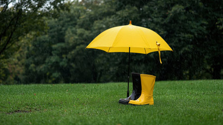 Vibrant Yellow Umbrella and Rain Boots in a Rainy Park Setting, Capturing the Essence of a Cozy, Rainy Day Outdoors with Lush Greeneryの素材