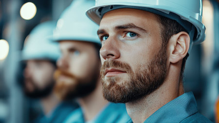 Focused male construction worker in hard hat observing safety measures during industrial project with team members in the backgroundの素材