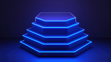 Futuristic Hexagonal Stage with Neon Blue Lights for Product Display or Presentation in a Dark Environment for Creative Applications and Advertisementsの素材