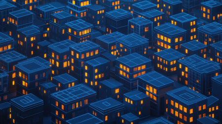 Futuristic Urban Landscape at Night with Vibrant Windows Illuminating the City Grid in a High-Tech Visual Styleの素材