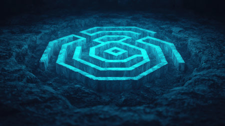 Abstract glowing symbol on dark surface with illuminated lines creating geometric pattern, technology background for digital themes and futuristic designsの素材