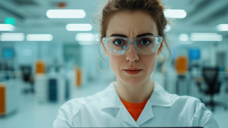 Focused Female Scientist in Laboratory Setting Wearing Protective Eyewear, Engaged in Research with Advanced Technology and Equipment in Backgroundの素材
