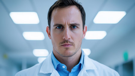 Serious doctor with focused expression in a bright healthcare hallway, emphasizing professionalism and commitment to patient care and medical ethicsの素材