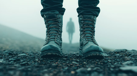 Foggy Hike Adventure with Focus on Hiking Boots and Mysterious Figure in Background on Rocky Pathの素材