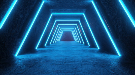 Futuristic tunnel with glowing neon blue lines creating a mesmerizing atmosphere in a dark, textured environment perfect for sci-fi themesの素材