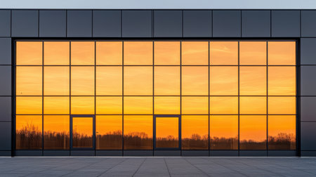 Modern architecture with large glass facade reflecting a stunning sunset over the horizon in an urban landscape with serene natural surroundingsの素材