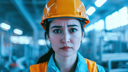 Serious Female Worker in Hard Hat and Safety Vest Expressing Concern in Industrial Setting with Bright Lightingの素材