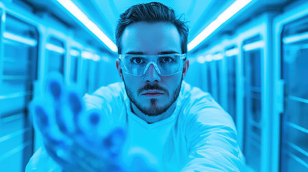 Scientist in Protective Gear Reaching Out in a Modern Laboratory with Blue Neon Lights and a Clean, High-Tech Environmentの素材