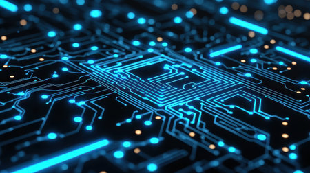 Abstract digital circuit with glowing blue lines and nodes on a dark background, representing technology and innovation in modern electronics and computingの素材