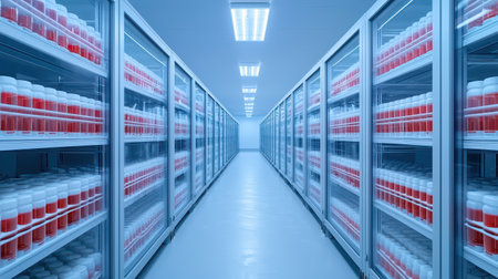 Aisle of Refrigerated Bottles in a Modern Storage Facility for Pharmaceutical Products and Health Supplements Under Bright LED Lightingの素材