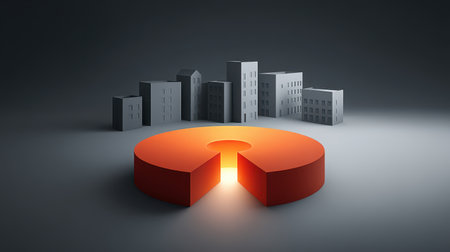 Abstract cityscape with orange light emitting from a circular shape, symbolizing innovation and transformation in urban development and architectureの素材