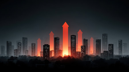 Abstract Cityscape with Rising Arrows Symbolizing Growth and Opportunity at Dusk, Modern Skyline with Urban Buildings and Financial Progress Representationの素材