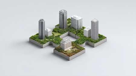 Urban and Nature Puzzle Concept with Green Spaces and Architectural Structures for Sustainable City Planning and Developmentの素材