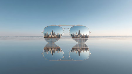 Reflection of a City Skyline in Sunglasses with a Calm Water Surface and Clear Sky as Background Perfect for Travel and Fashion Concepts in Advertising Campaignsの素材