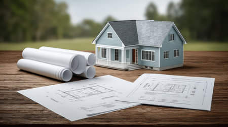 Detailed blueprints and a miniature house model on a wooden table, showcasing architectural planning and design concepts in an outdoor settingの素材