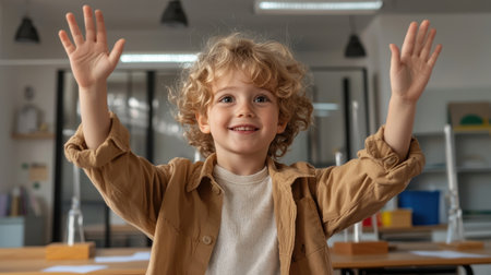 Joyful child with curly hair raising hands in a bright classroom environment, expressing excitement and engagement during a learning activityの素材
