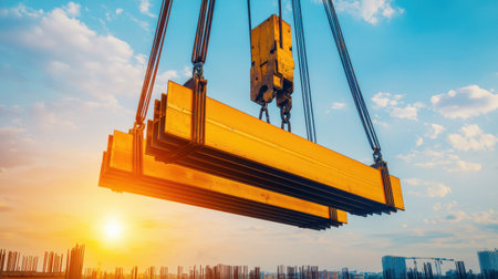 Crane Lifting Heavy Beams at Construction Site with Beautiful Sunset Sky and Cityscape in Background, Industrial Equipment in Actionの素材