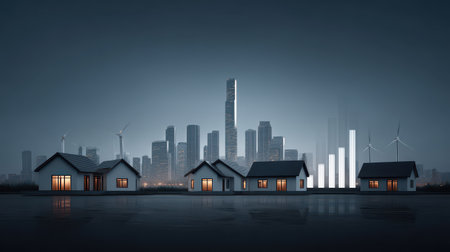 Modern City Skyline at Night with Contemporary Houses, Wind Turbines and Rising Graphs Depicting Urban Growth and Sustainability Initiatives in the Backgroundの素材