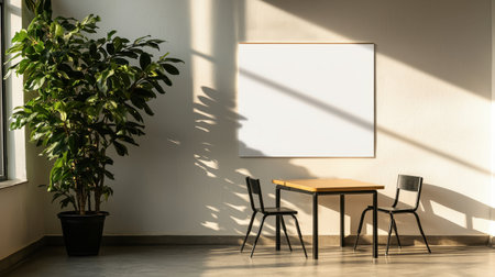 Bright and Modern Interior with Minimalist Design Featuring Empty Canvas on Wall, Table, Chairs, and Potted Plant in Sunlit Roomの素材
