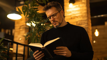 Thoughtful man reading a book in a cozy indoor setting with warm lighting, surrounded by greenery and stylish decor, capturing a serene moment of reflection.の素材