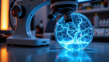 Radiant Blue Energy Tree Within a Sphere Near a Microscope in a Laboratory Setting Showcasing Innovation and Scientific Explorationの素材