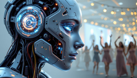 Close-Up Profile of Futuristic Robot with Intense Eyes in a Crowded Venue with Celebrating People in the Backgroundの素材