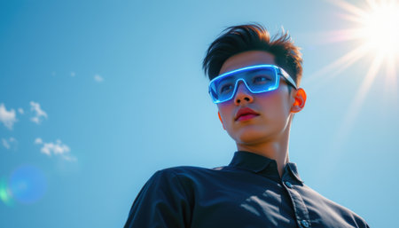 A Stylish Young Man Wearing Futuristic Sunglasses Against a Bright Blue Sky with Rays of Sunlight and Fluffy White Cloudsの素材