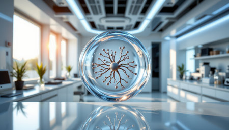 Conceptual 3D illustration of a nucleus inside a glass sphere representing atoms and molecular structures in a modern laboratory settingの素材