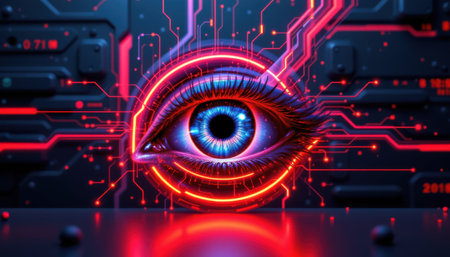 Futuristic Digital Eye with Neon Lights and Circuit Patterns Depicting Technology, Vision, Artificial Intelligence, and Innovation Conceptsの素材
