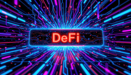 Futuristic Digital Background Depicting DeFi Concept with Abstract Lines, Neon Colors, and Technology Elements in a Cyber Space Environmentの素材