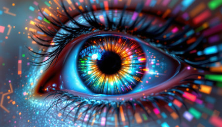 Colorful abstract digital eye with vibrant patterns and glowing effects, representing vision, technology, and creativity in a futuristic contextの素材
