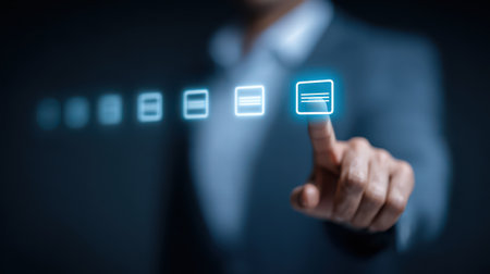 Business person selecting digital icons in virtual space, representing technology, innovation, and modern corporate decision-making processesの素材