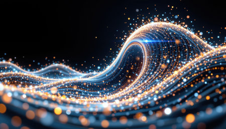 Vibrant Abstract Waves of Light and Color Create a Captivating Visual Experience with Sparkling Particles and Dynamic Flow in a Dark Backgroundの素材