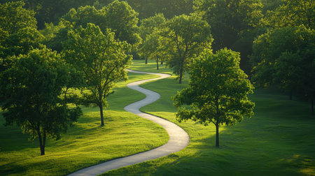 Serene Winding Path Through Lush Green Trees in Early Morning Light at a Tranquil Park Settingの素材