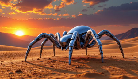 Futuristic Robotic Spider Exploring a Desert Landscape During a Dramatic Sunset with Vibrant Skies and Sand Dunes in the Backgroundの素材