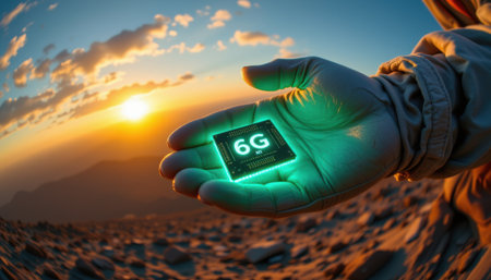 Futuristic Hand Holding 6G Microchip at Sunset Over Mountains Reflecting Technology and Innovation for Telecommunications Industryの素材