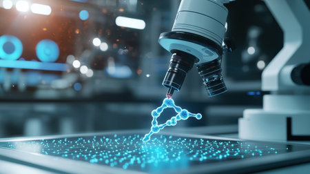 Close-Up of Advanced Microscope Analyzing Molecular Structure with Digital Visualization of Chemical Bonds in High-Tech Laboratory Environmentの素材