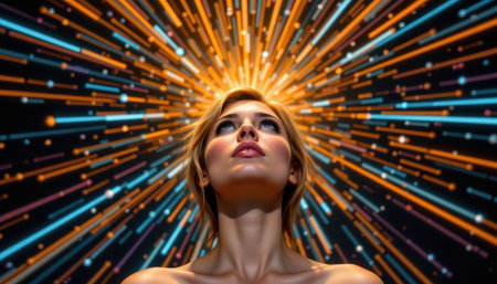 Enchanting Woman Alone with Radiant Light Effects Creating Vibrant Colors and Stunning Visuals for Abstract Artistic Creations or Digital Backgroundsの素材