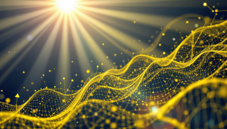 Abstract golden waves of light particles with radiant sun beams in a dark background, creating a harmonious and vibrant digital atmosphereの素材