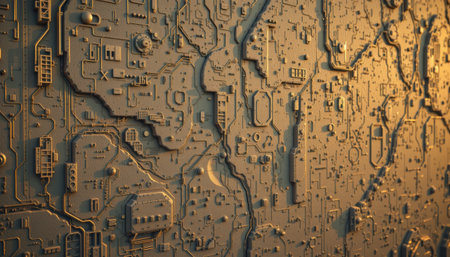 Detailed close-up of an abstract textured surface with intricate patterns, features, shadows, and light reflections showcasing modern futuristic design elementsの素材