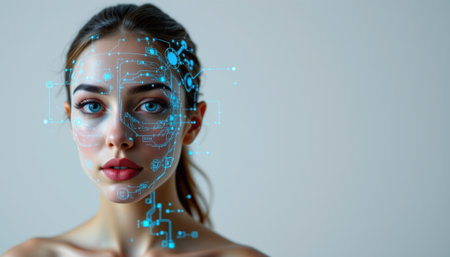 Futuristic Portrait of Woman with Digital Overlay Representing Technology, Innovation, and Artificial Intelligence Concepts in a Minimalist Settingの素材