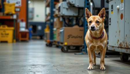 Labrador Retriever with Alert Expression in Industrial Warehouse Setting Surrounded by Machinery and Equipment, Ideal for Pet and Workplace Themesの素材