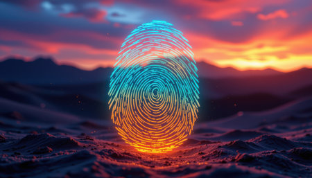 Abstract representation of a fingerprint illuminated with vibrant colors against a glowing sunset sky and mountain landscape backgroundの素材