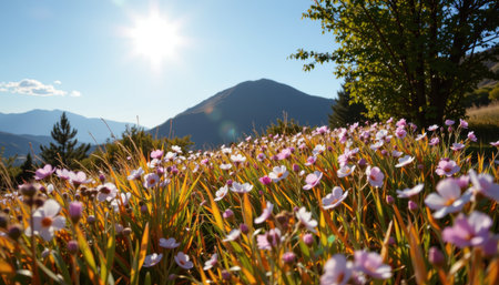 Vibrant Wildflowers Blooming Under Bright Sunlight in Mountain Landscape with Clear Sky and Lush Green Trees in Backgroundの素材